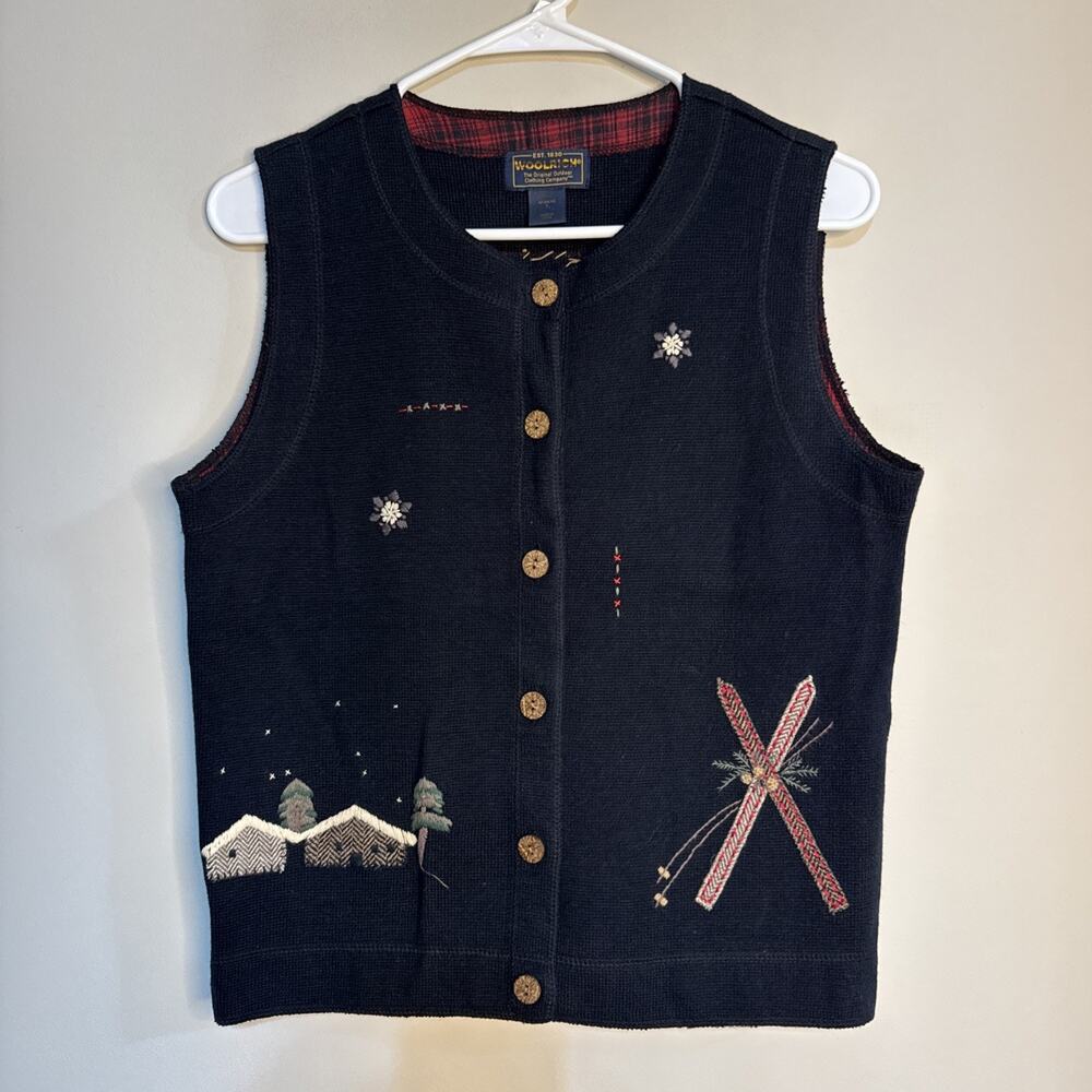 Vintage 90s Woolrich Womens Small Christmas Snow Ski Knit Cardigan Sweater Vest